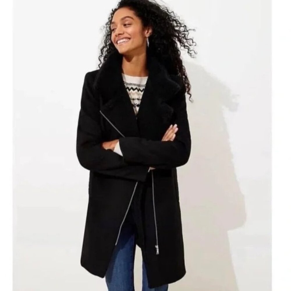 Ann Taylor LOFT Wool Blend Sherpa Fleece Trim Moto Jacket Coat XS